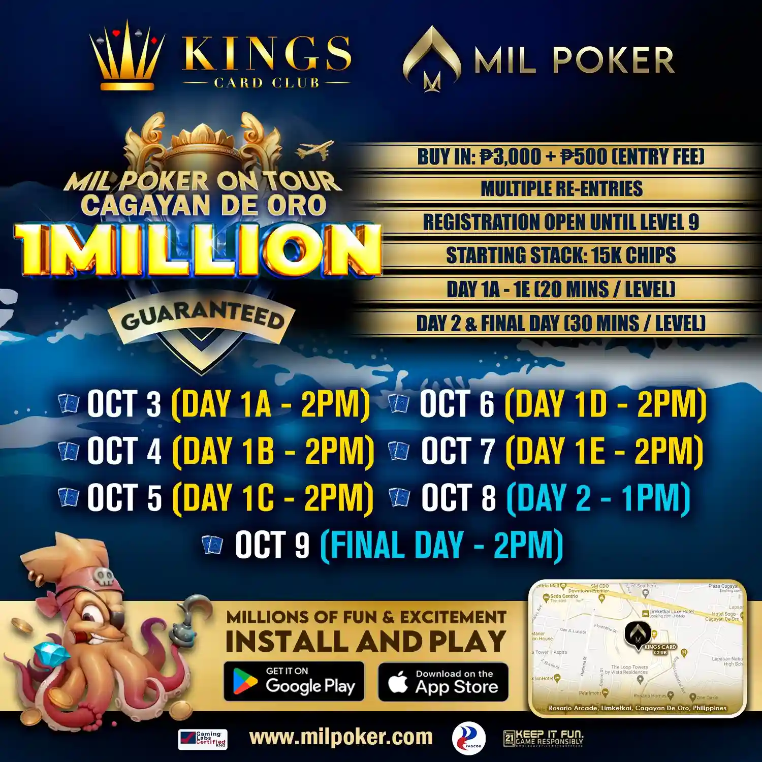 Kings Card Club Mil Poker 巡迴賽：菲律賓卡加延德奧羅站—保證獎金 一百萬菲律賓披索